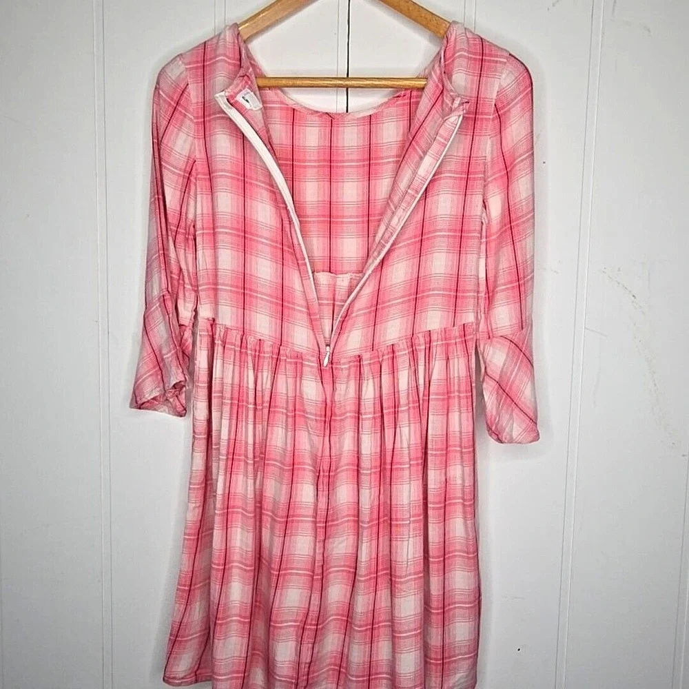 Gap Kids Plaid Babydoll Dress Girls XXL Pink White Bell Sleeve Zip Back